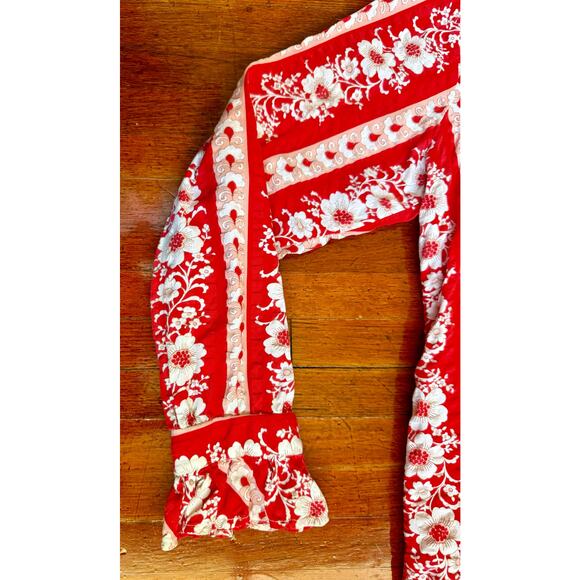 Vintage 60s Lady Marlboro Red White Floral Western Boho Long Sleeve Blouse Small - Picture 5 of 8